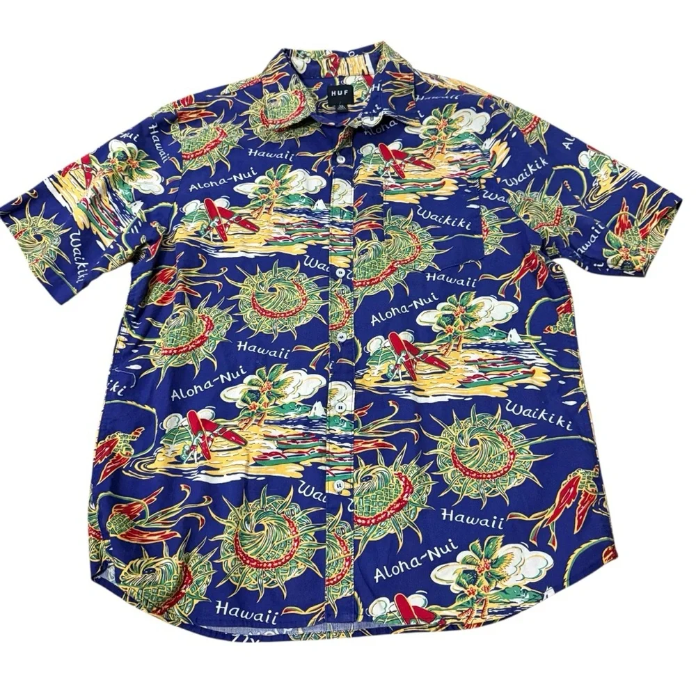 HUF Hawaiian Button‎ Down Shirt XL 100% Cotton Tropical Aloha Print Blue Surf